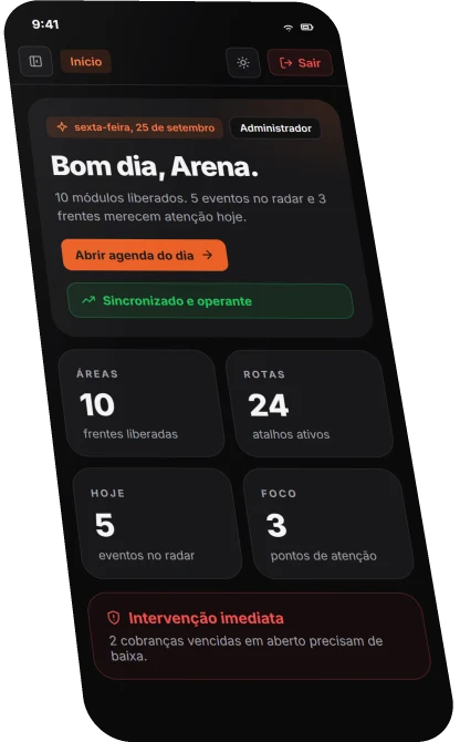 Tela inicial do ArenaHub no celular, com indicadores do dia e alerta de cobranças